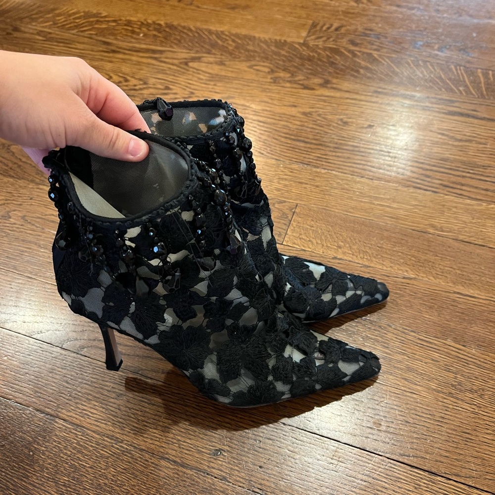 Manolo Blahnik Lace Beaded Heel Boots